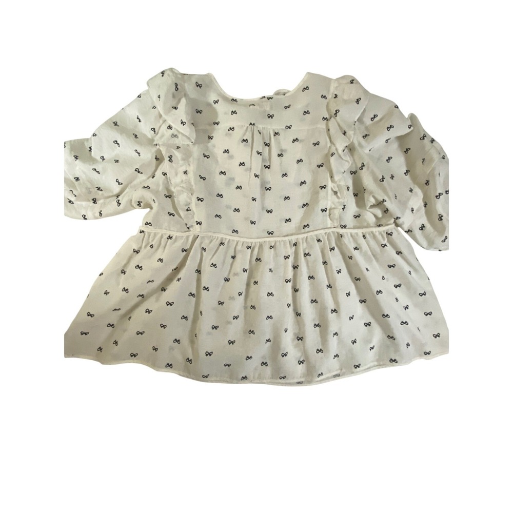 Umgee Womens 1XL Ivory Black Bow Print Ruffle Babydoll Blouse Puff Sleeve Top - Picture 8 of 8
